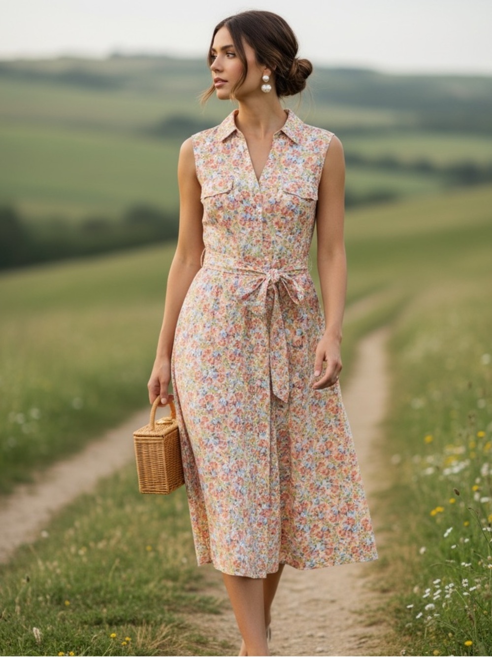 NWOT Croft & Barrow Sleeveless Collared  Floral Tie-Waist Midi Dress